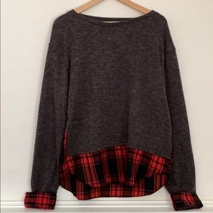 Buffalo Plaid Sweater Mixed Fabric Cuff Sleeves